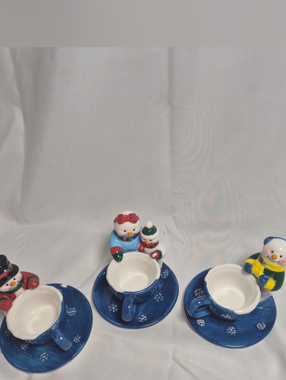 Vintage Home Interiors Snowman Family Tea Light Holder Set 3 Cup Saucer Boho